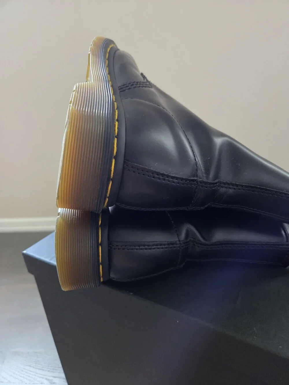 Dr. Martens Black Leather Lace-Up Combat Boots with Yellow Stitching - Picture 7 of 13